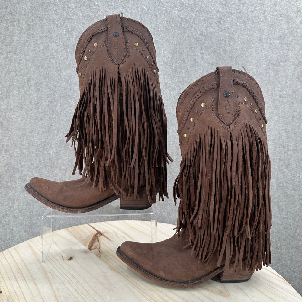 Liberty Black Vegas Fringe Boots Women 9.5 Brown Leather Studded Western Cowgirl